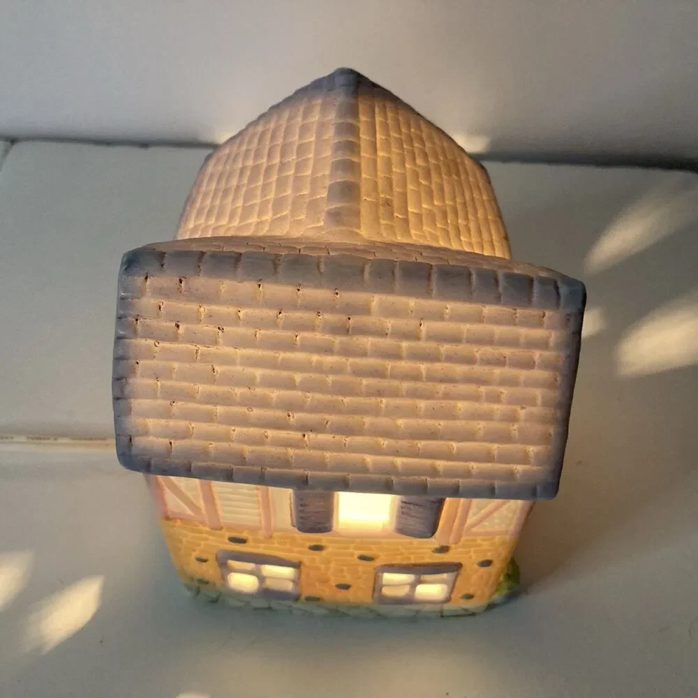 Lighthouse Cobblestone Home Village House 4” x 5” Vintage Light-Up Decor Shelf
